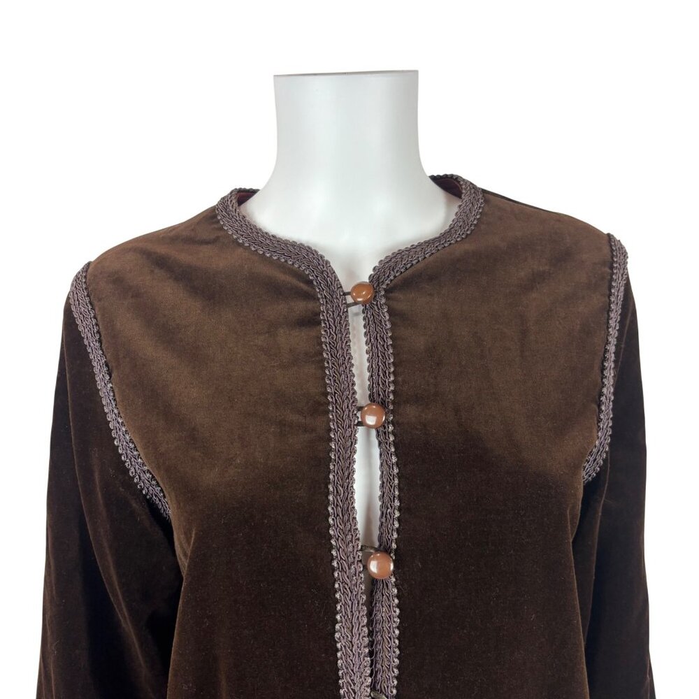 Vintage 70s Velvet Blazer Womens Large Brown Braided Trim Button Down Suit Jacke - Picture 4 of 12